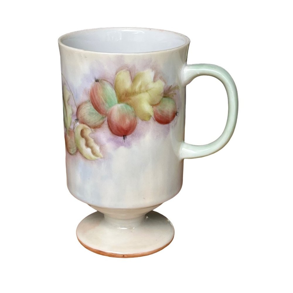 Hand Painted Vintage Coffee Cup Fruit Grapes Muted signed Pedestal gold trim